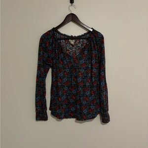Black Red and Blue Floral Long Sleeve Top. Size Small.